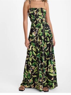 Floral Leaf Print Tiered Maxi Sundress